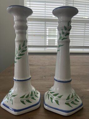 Set of 2 Wiliams-Sonoma GreenRow Hand-Painted Ceramic Taper Candlesticks - 10"